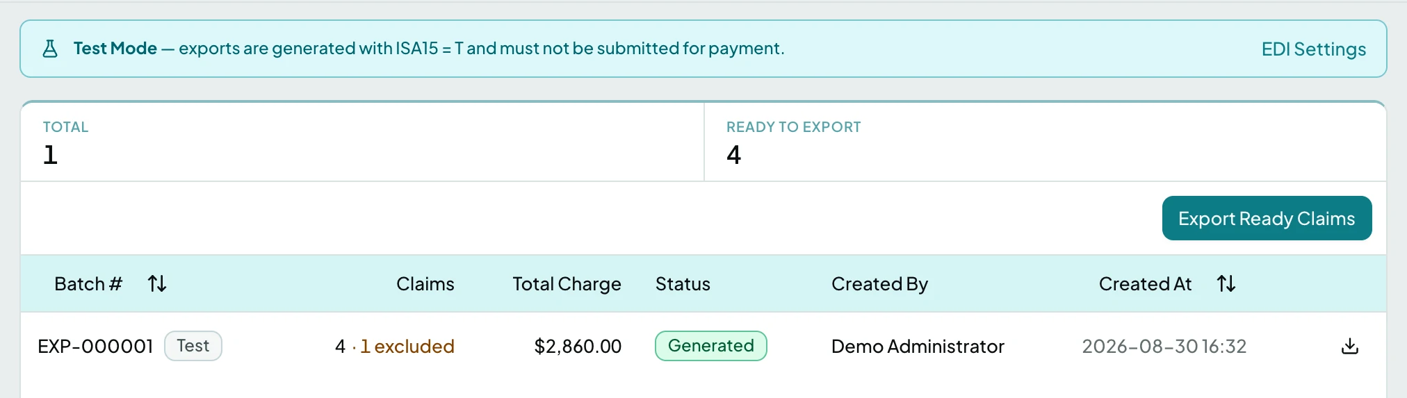 Claim Exports showing a Test Mode banner, four claims ready to export, and one generated batch carrying four claims with one excluded