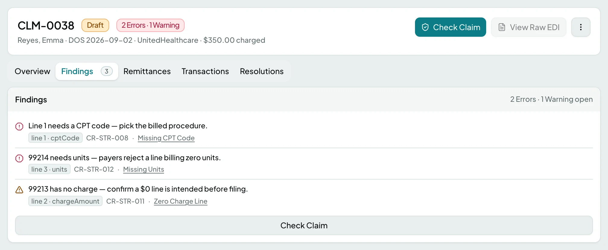 The Findings tab listing two errors and one warning, each naming the claim line and field it concerns