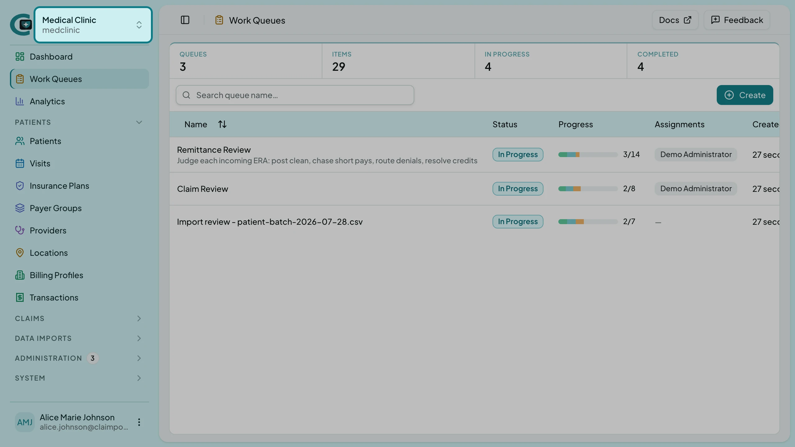 The client switcher at the top of the sidebar, showing Medical Clinic selected