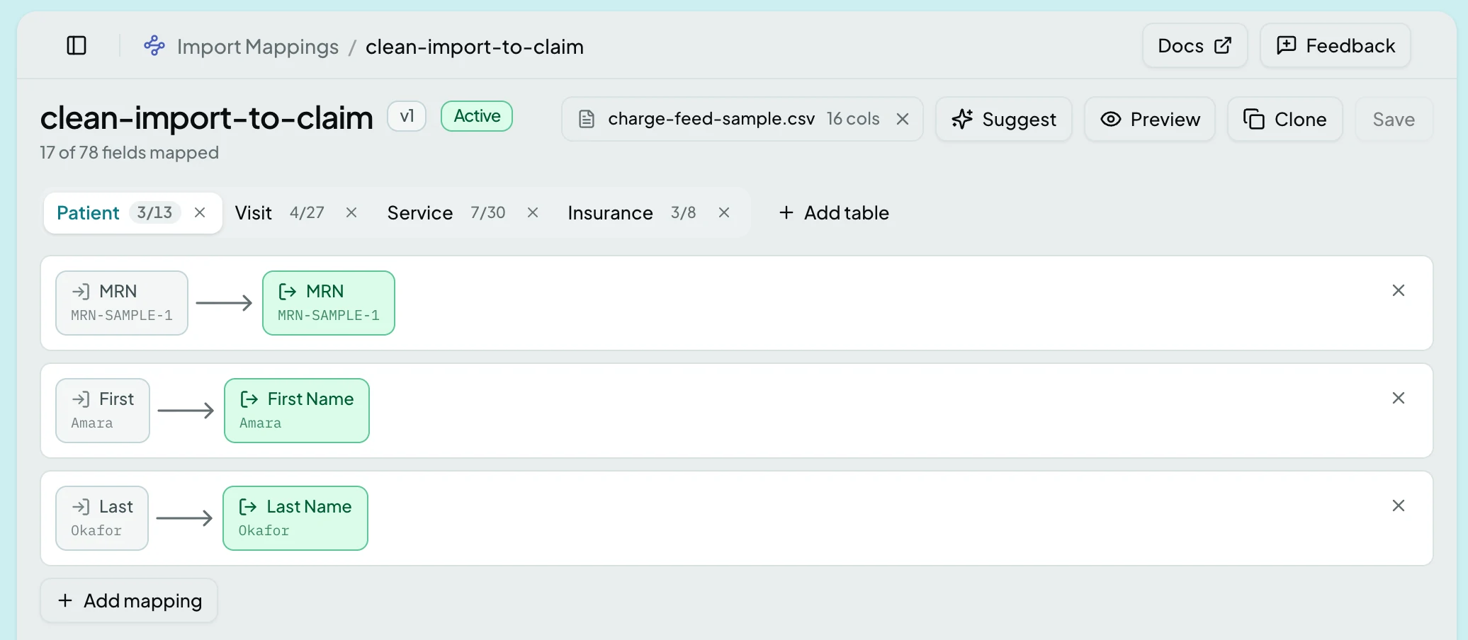 A mapping template pairing file columns with ClaimPod fields, each row showing a value from the example file