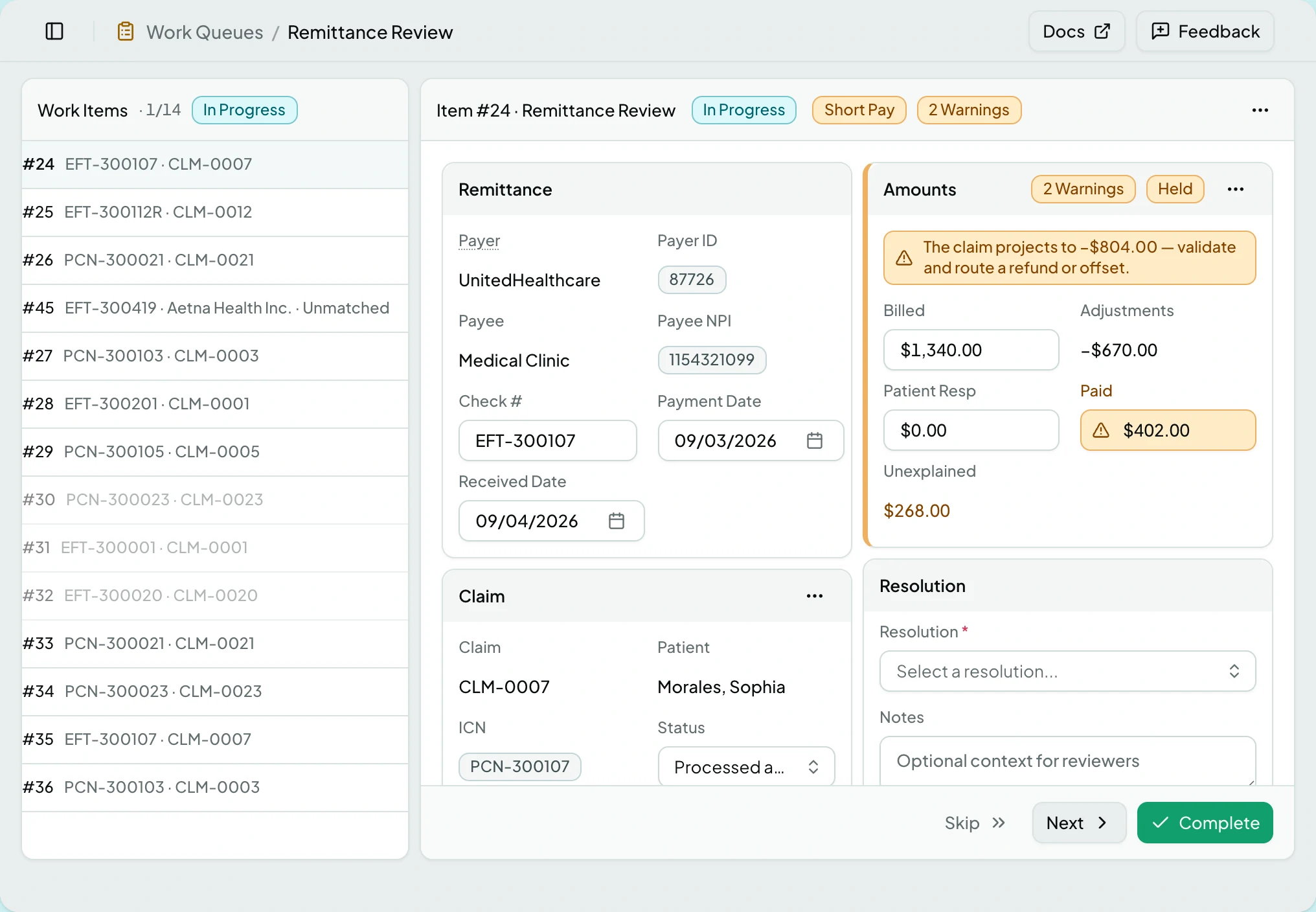 A remittance review item marked Short Pay and Held, with two warnings, the projected claim balance, and a required resolution