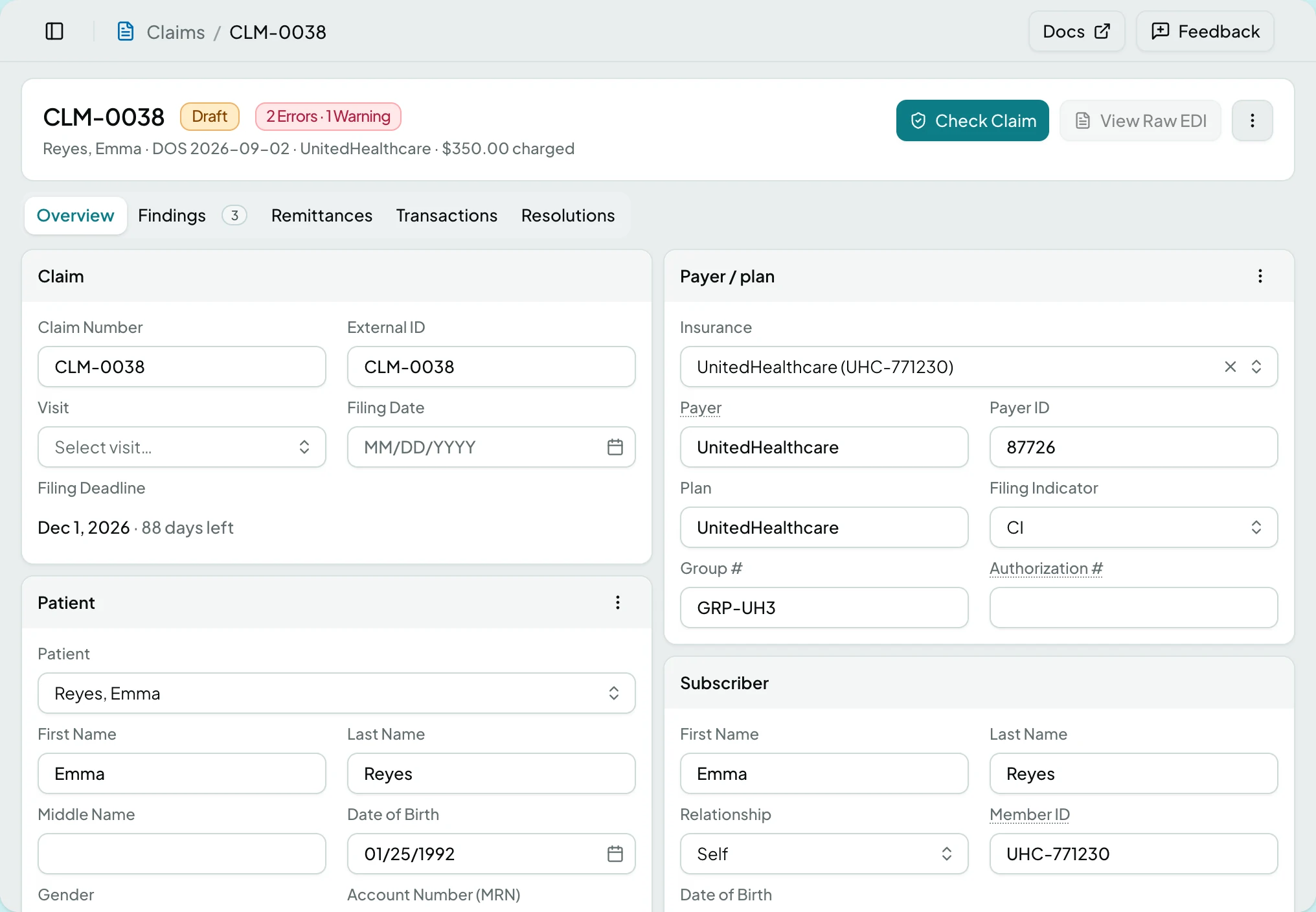 The claim page on its Overview tab: the header and its actions above six cards of claim detail