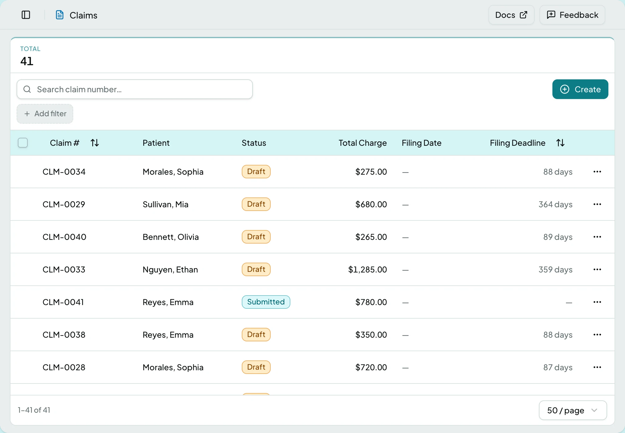 The Claims list showing each claim's number, patient, status and charge amount