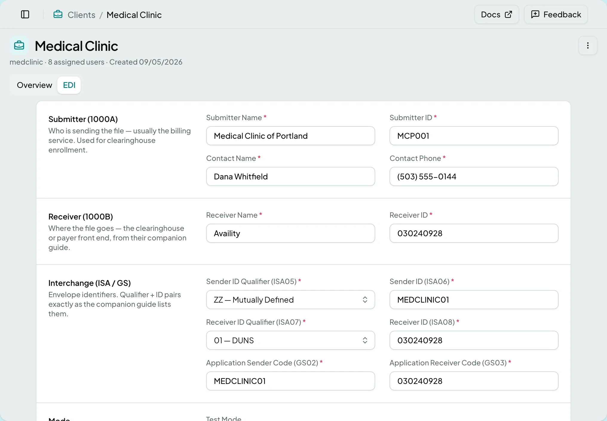 A client's EDI tab, carrying the identifiers claim files are built with