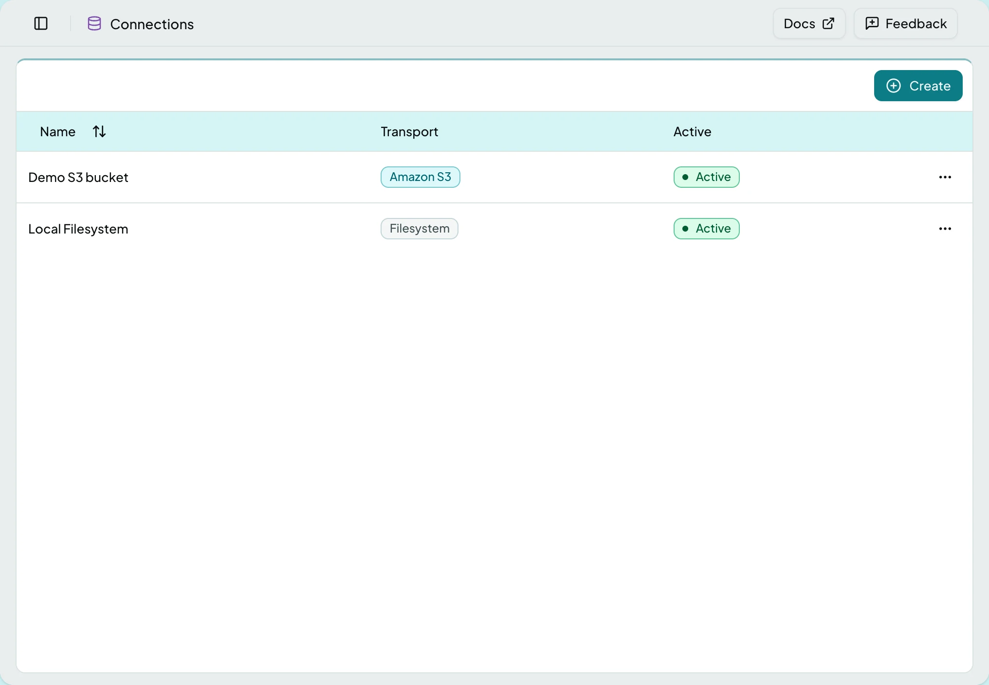 The Connections list showing configured import sources and their transports