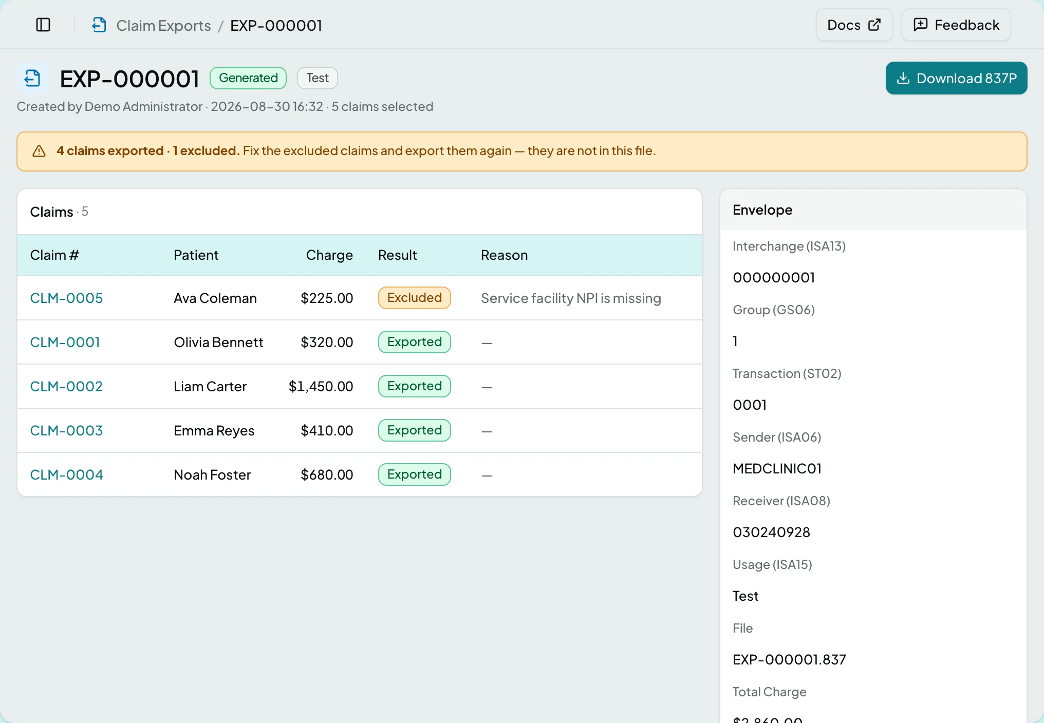 An export batch: the outcome banner, five claims with one excluded first, and the EDI envelope