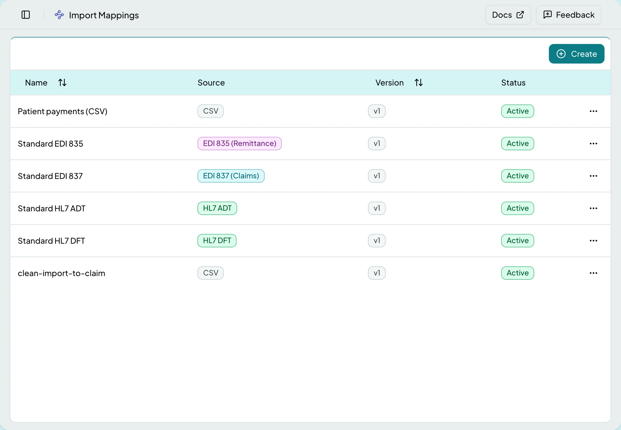 The Import Mappings list showing the seeded standard templates for each supported file shape