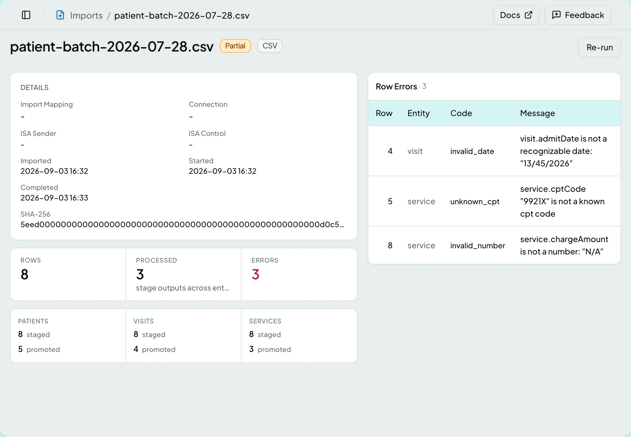 An import run page showing its details, the pipeline stages and the row error table