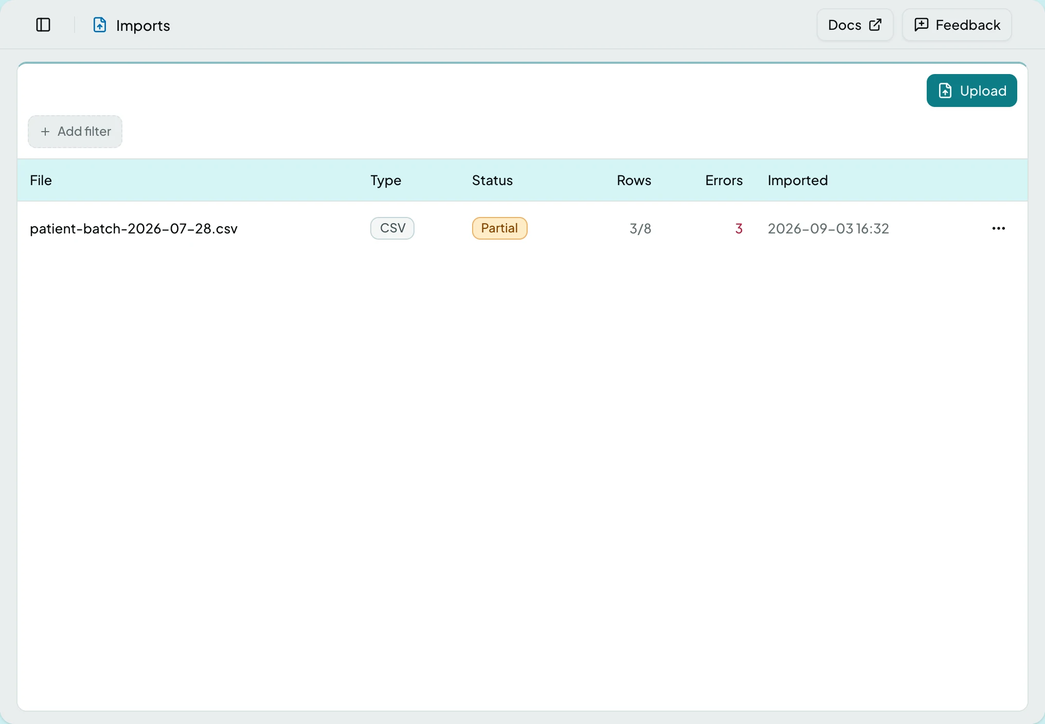 The Imports list showing processed files with their row counts and status