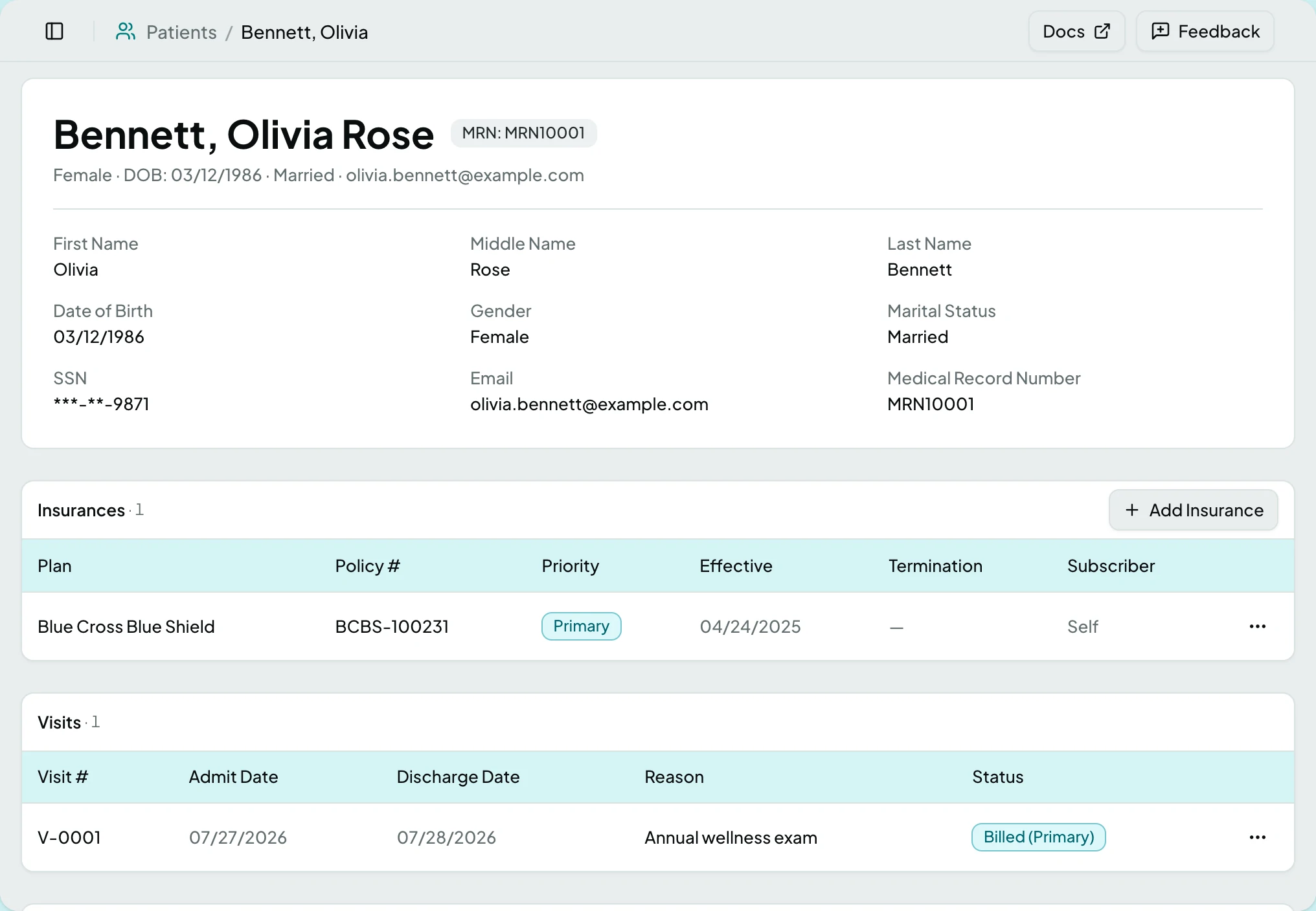 A patient page: demographics above the Insurances and Visits cards, with Claims, Transactions and Statements below them