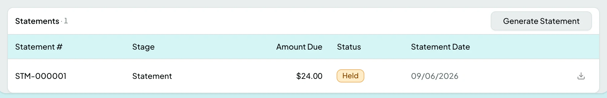 The Statements card on a patient page: one held statement and the Generate Statement button