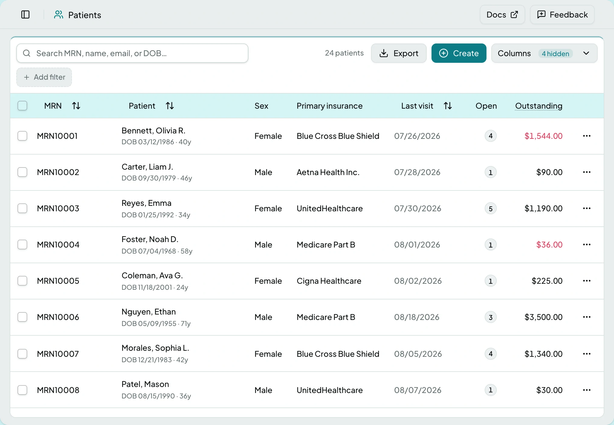 The Patients list showing MRN, name, primary insurance, last visit and balance for each patient