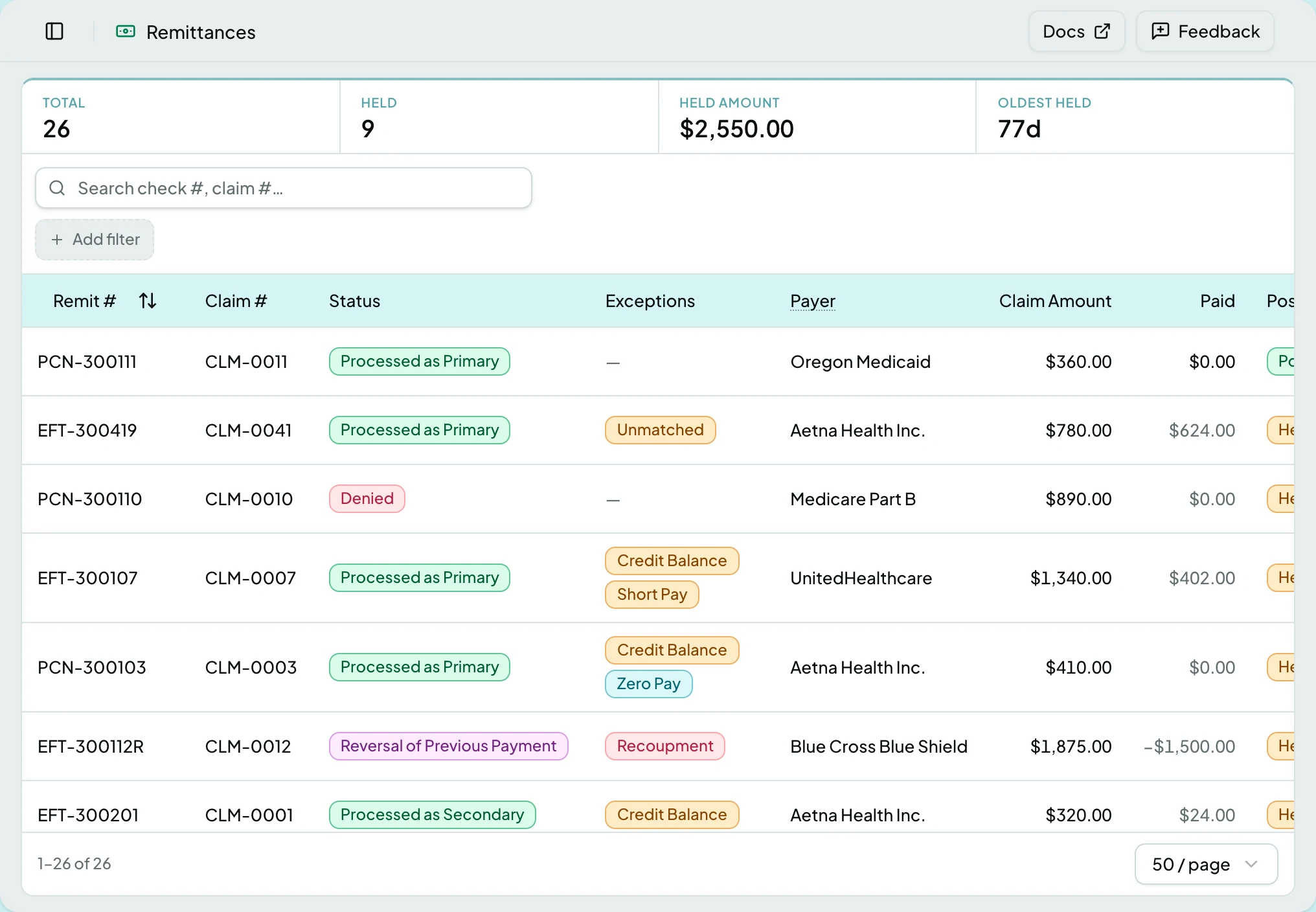 The Remittances list showing incoming payer remittances with amounts and posting status