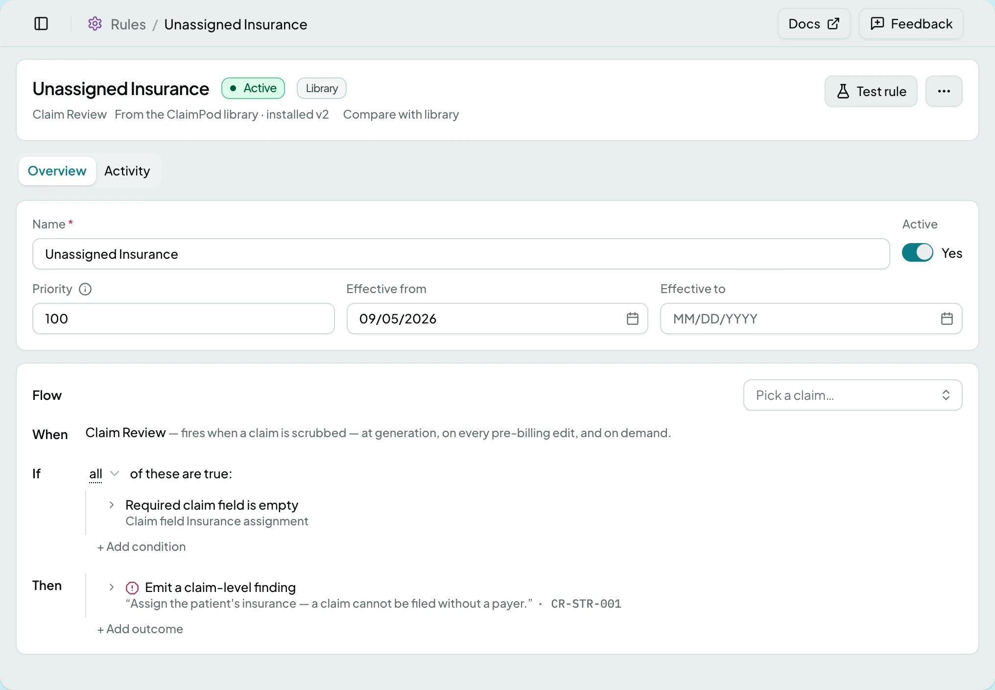 The rule workspace: the rule's settings above its when-then flow