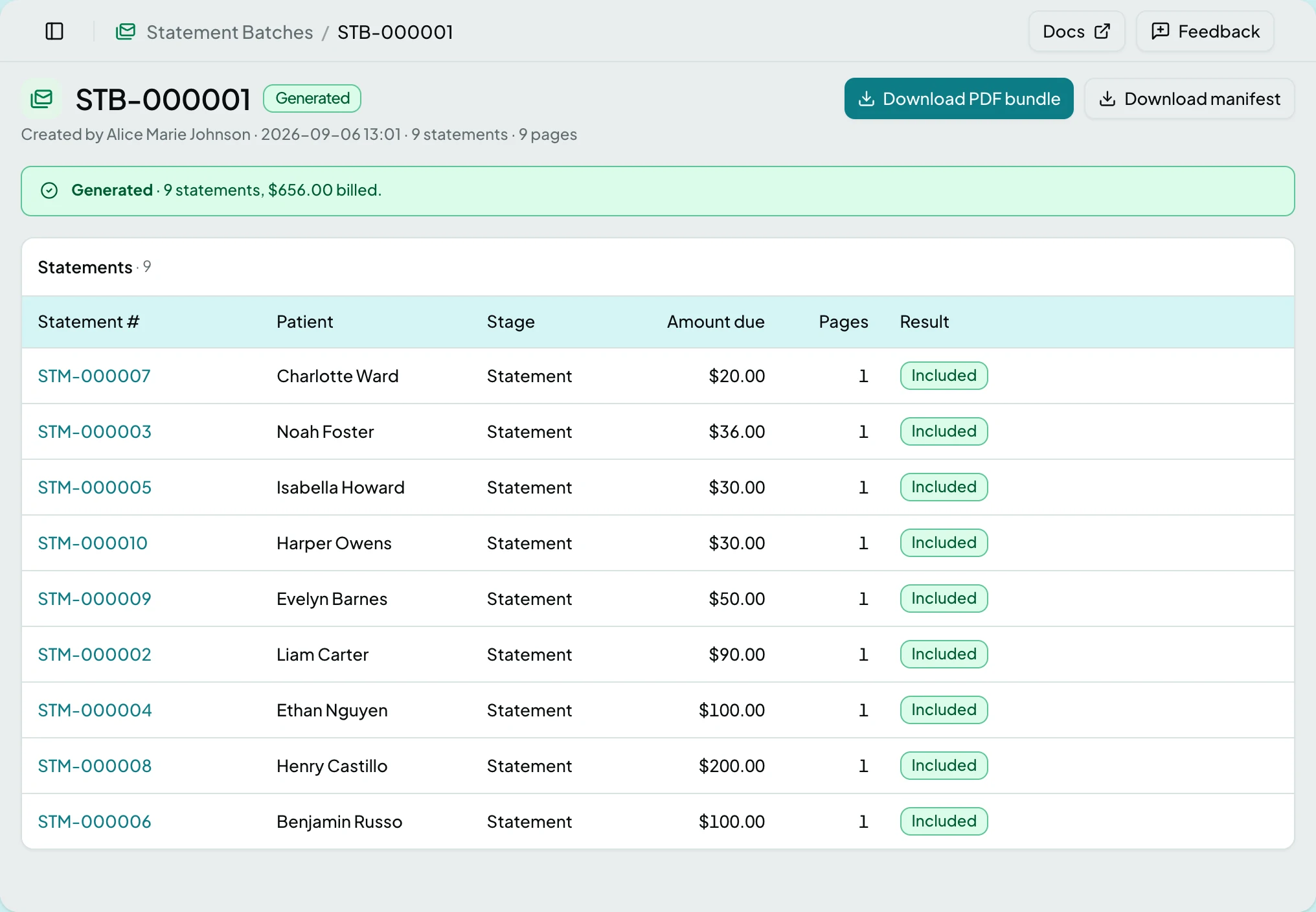 A generated statement batch: the outcome banner, the two download buttons, and its nine included statements