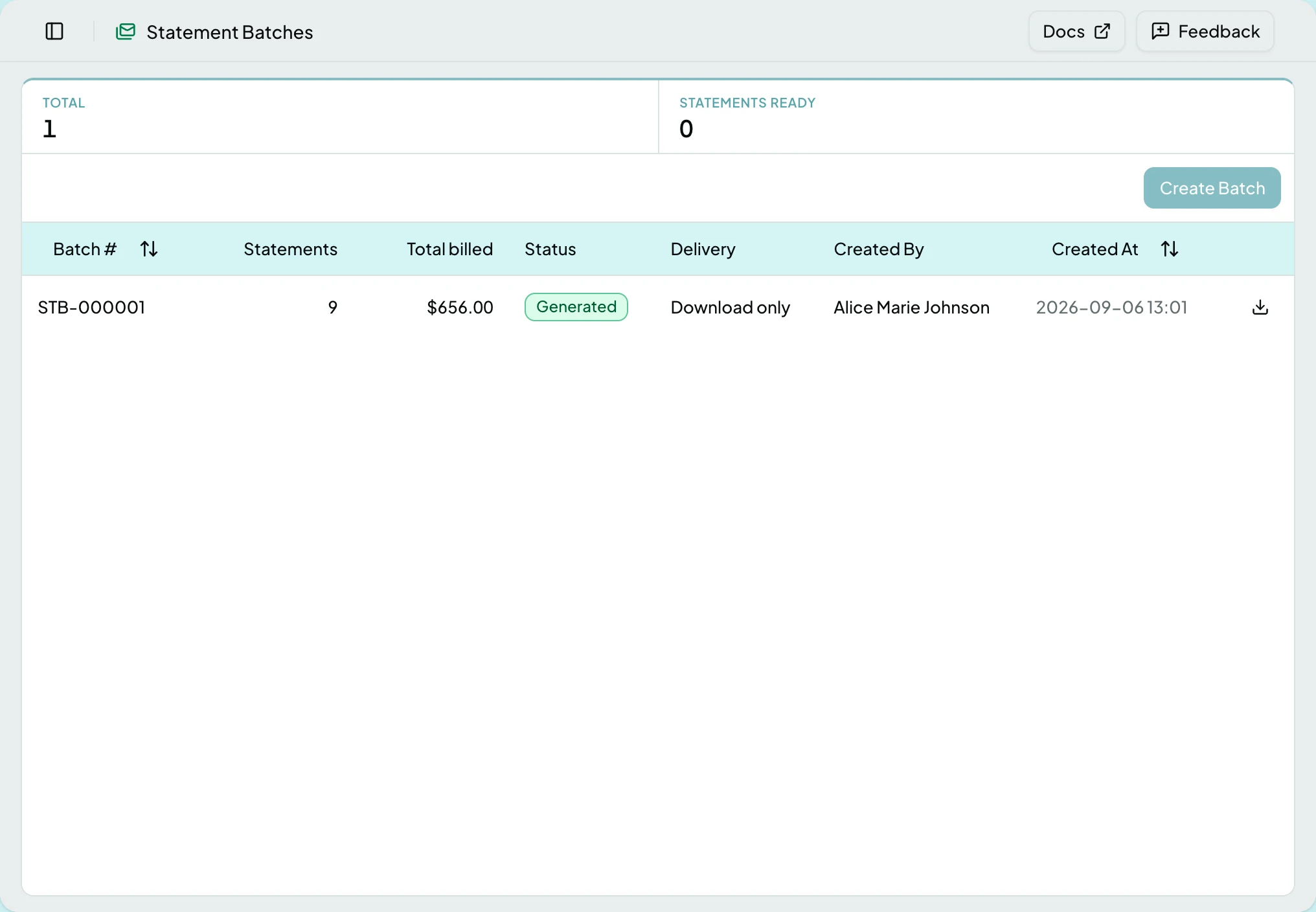 Statement Batches with one generated batch of nine statements, and Create Batch greyed because nothing is ready to send