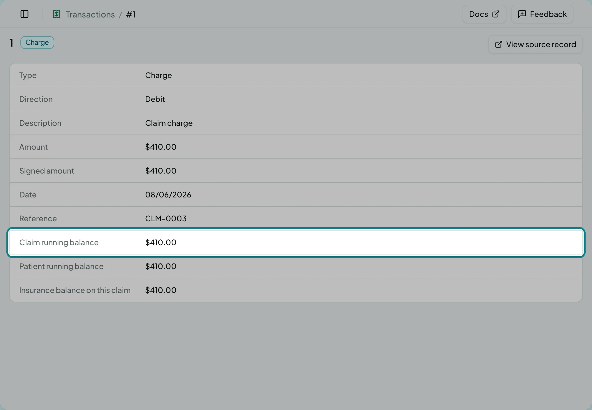 A ledger entry with its running balances, the claim running balance ringed