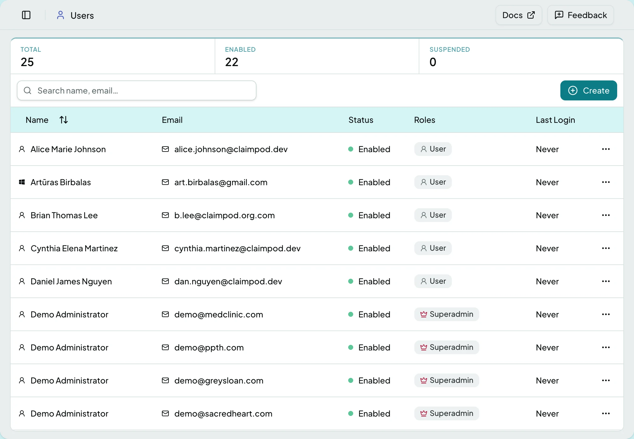 The Users list showing each account's roles, client access and status