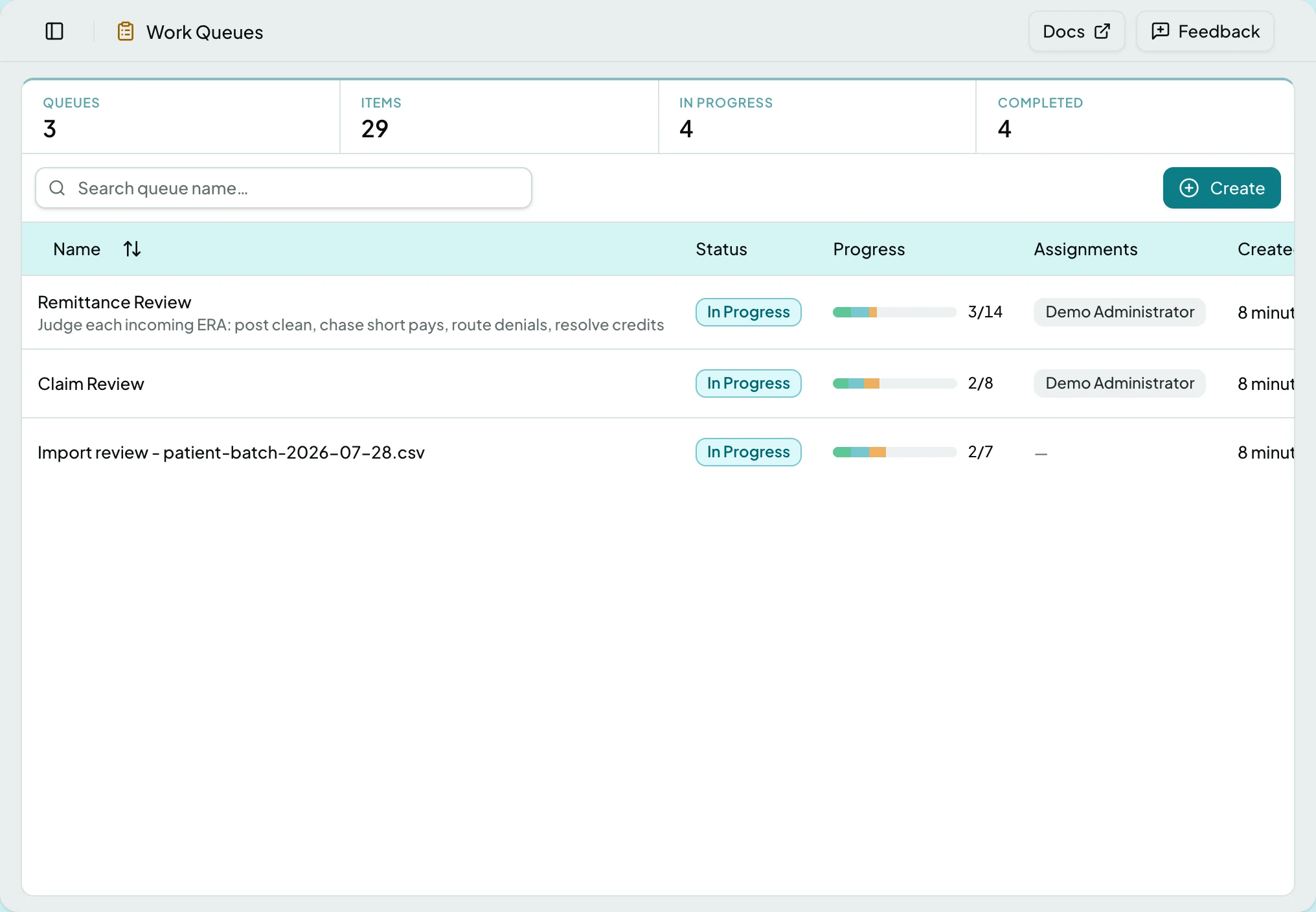 The Work Queues list showing three open queues with their progress, assignments and status