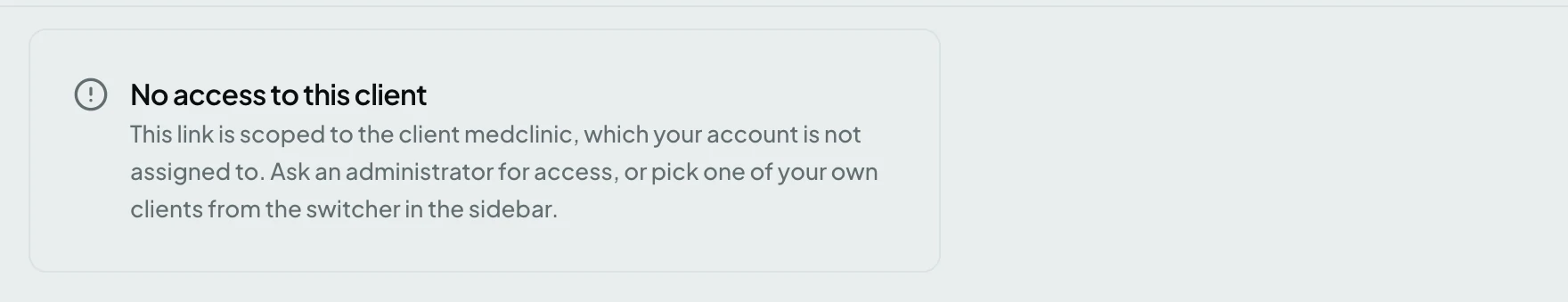 The No access to this client notice, naming the client the link was scoped to